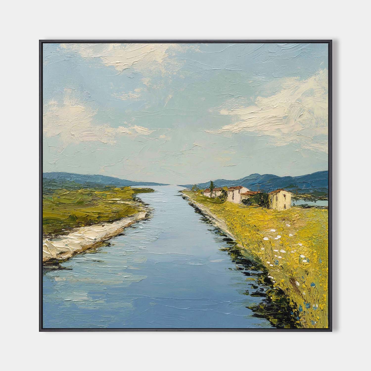 Blue Rural Lake Scenery Oil Painting Large Blue Lake Textured Abstract Landscape Wall Art For Sale