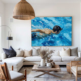 Blue Swimming Artwork Swimming Man Texture Painting Large Swim Wall Art Modern Blue Swimming Wal Art