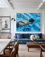 Blue Swimming Artwork Swimming Man Texture Painting Large Swim Wall Art Modern Blue Swimming Wal Art