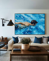 Blue Swimming Artwork Swimming Man Texture Painting Large Swim Wall Art Modern Blue Swimming Wal Art