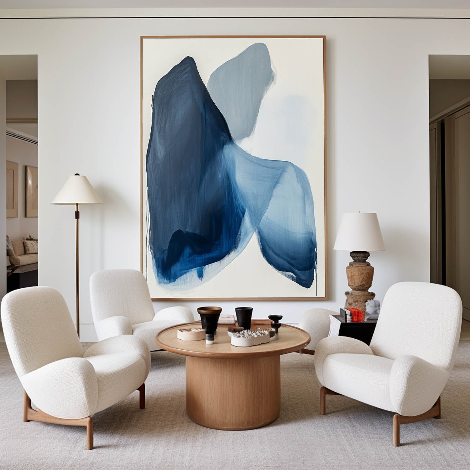 Modern Blue White Abstract Canvas Art Blue Minimalist Wall Painting Large Blue Wall Art For Sale