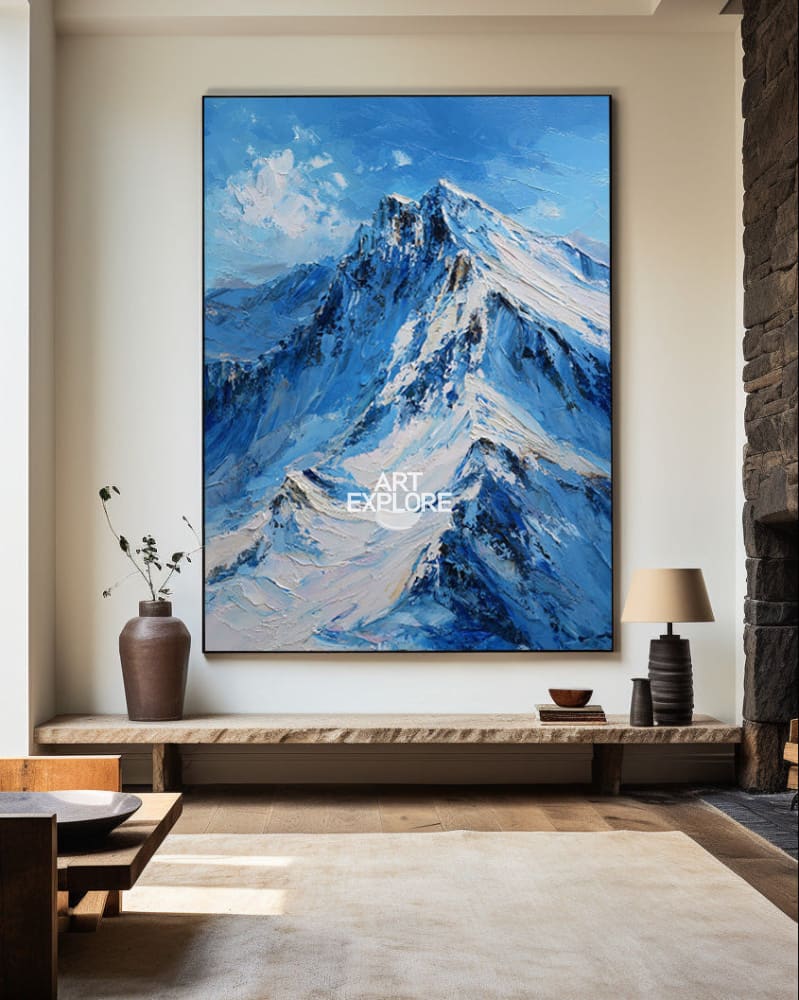 Blue White Mountain Wall Art | Impasto Texture Vertical Landscape Wall Art ArtExplore