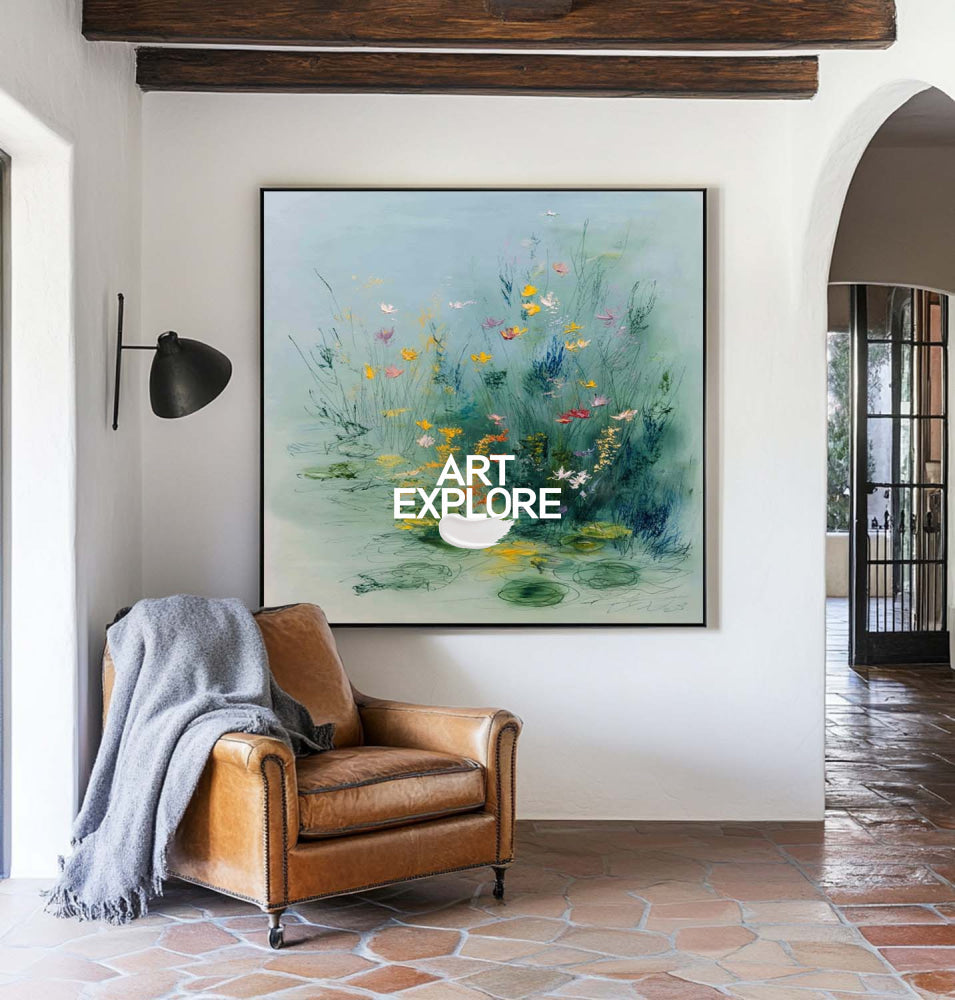 Blue Wild Flowers Canvas Art: Oversized Hand-Painted Botanical Wall Art