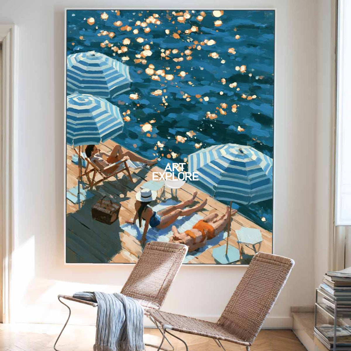 Abstract Blue Ocean Painting For Modern Coastal Living Room Decor With Summer Vacation Vibe