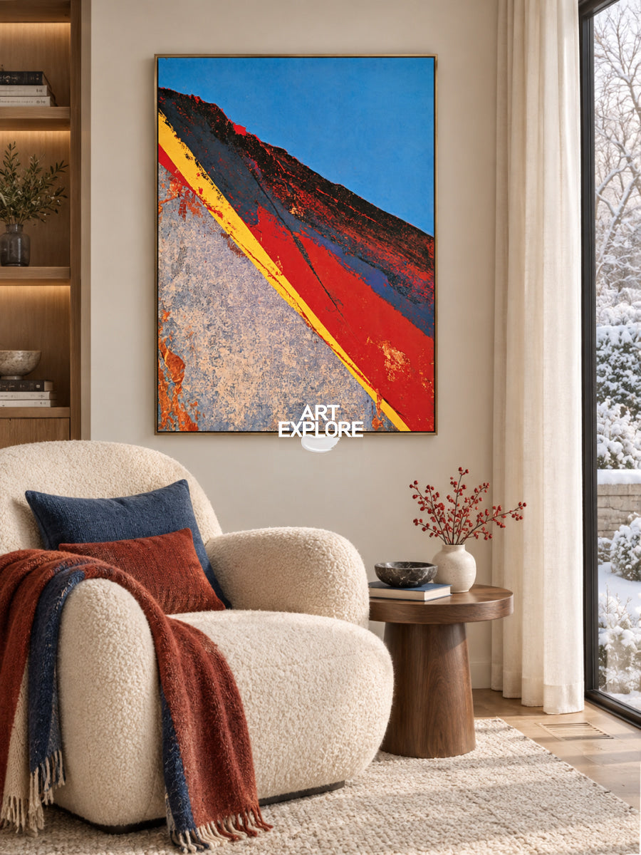 Abstract Red And Blue Landscape Canvas Painting With Yellow Line