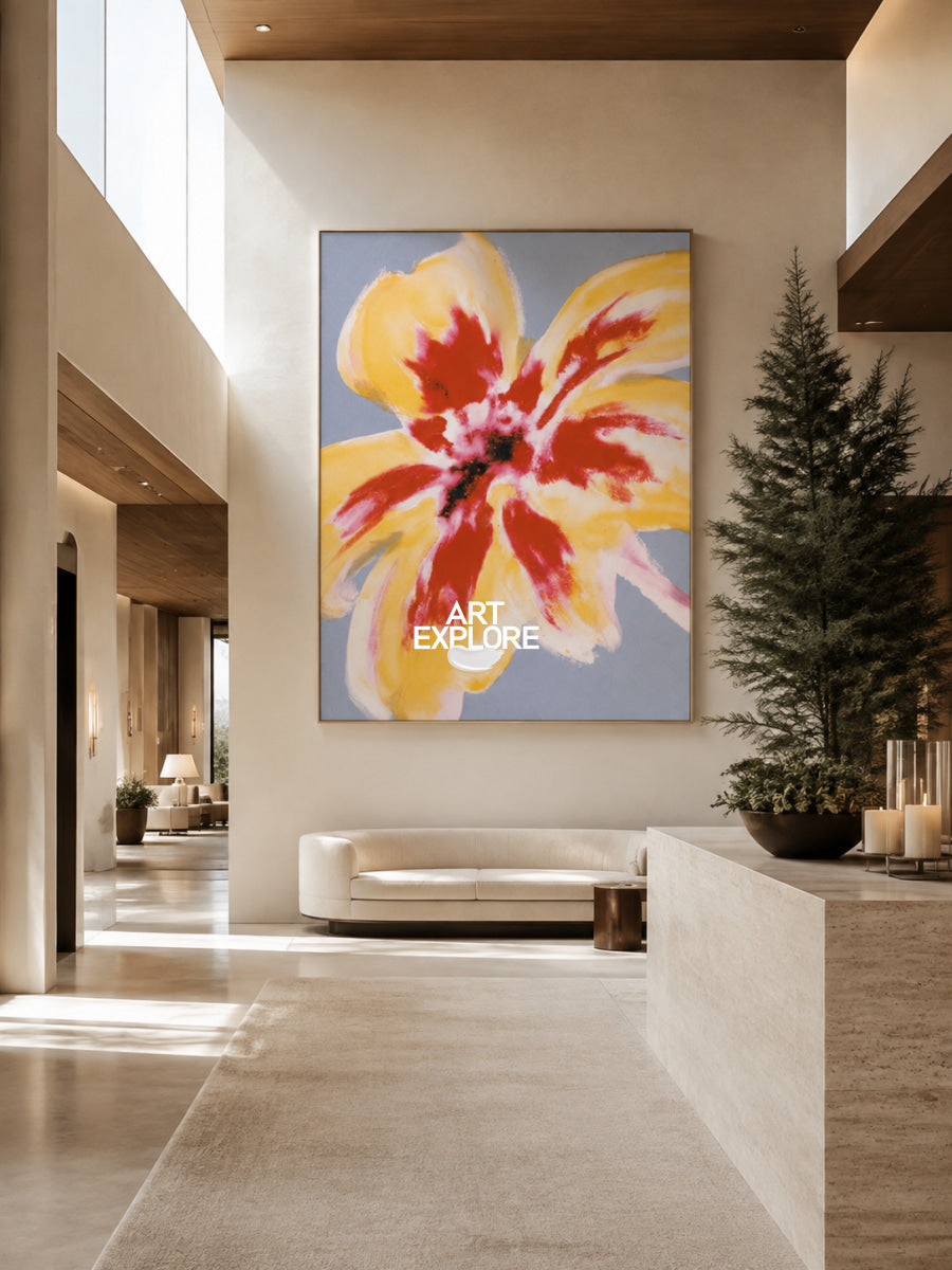 Hand-Painted Abstract Flower Art In Red And Golden Yellow Tones On Canvas