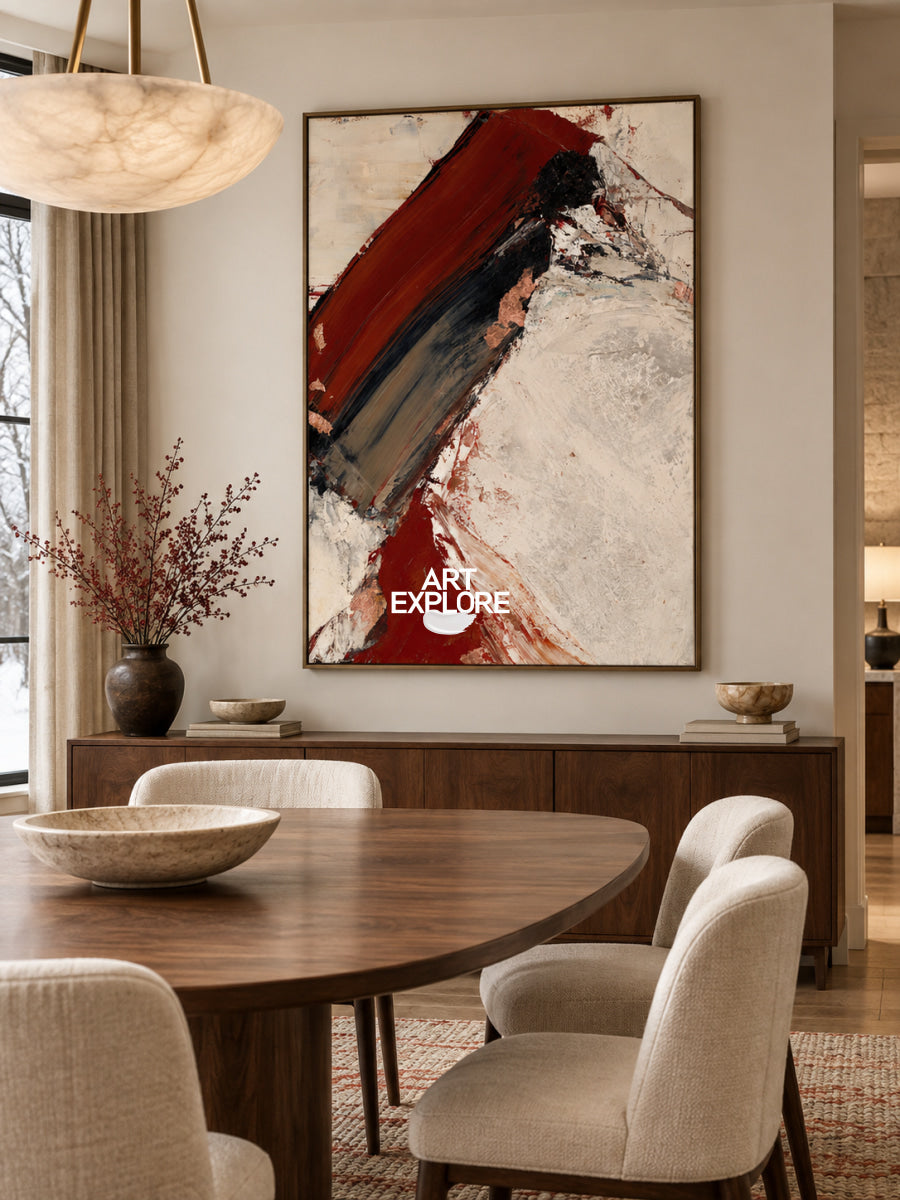 Modern Bold Red And Beige Abstract Canvas Painting Hand-Painted Wall Art