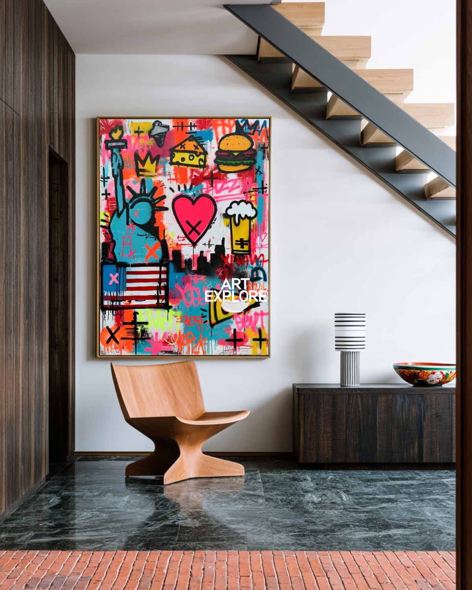 Hand-Painted Urban Graffiti Canvas With Pink Heart And Crown Pop Art