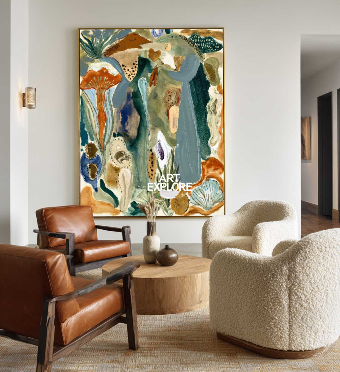 Abstract Botanical Canvas Painting In Green And Blue Hand-Painted Wall Art