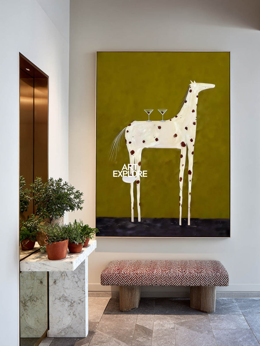 Modern Folk Art Painting Of White Horse With Martini Glasses On Olive Green Canvas