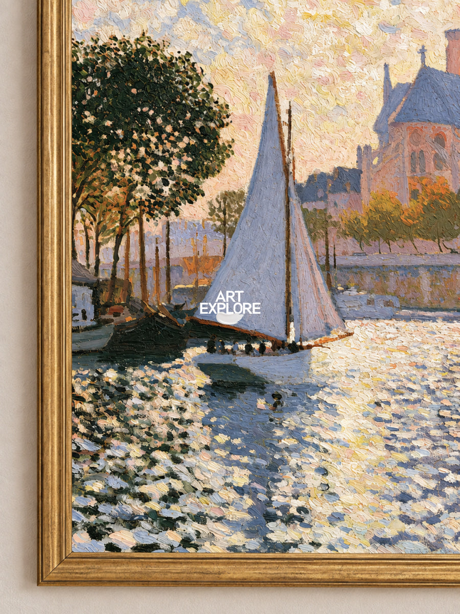 Sunlit Harbor With Sailboats And Church Canvas Painting