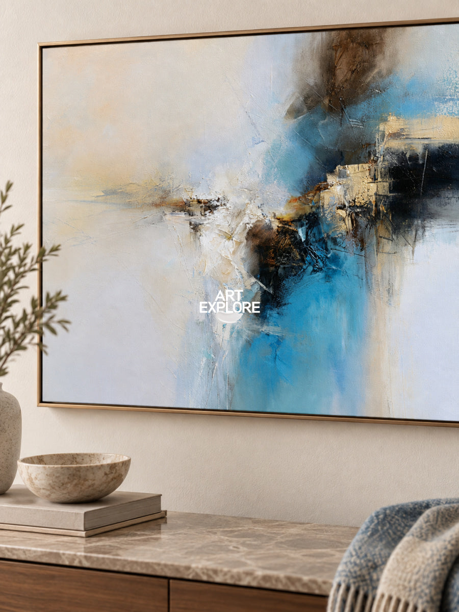 Abstract Blue And White Canvas Painting With Brown Accents For Modern Decor