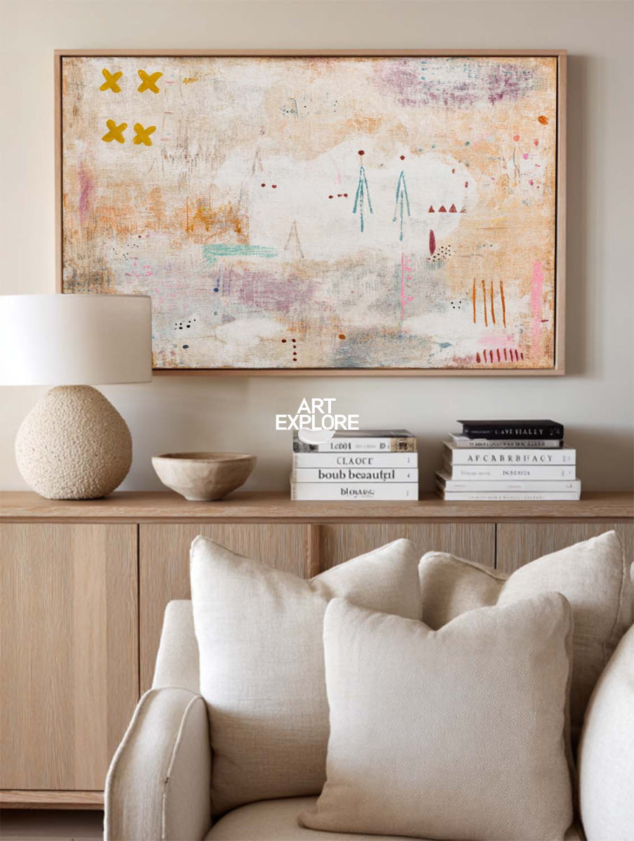 Large Abstract Beige Painting With Pink Accents For Modern Living Room Decor