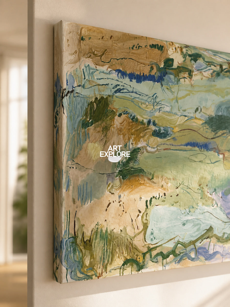 Abstract Green Landscape Canvas Painting Hand-Painted Wall Art With Blue And Beige Tones