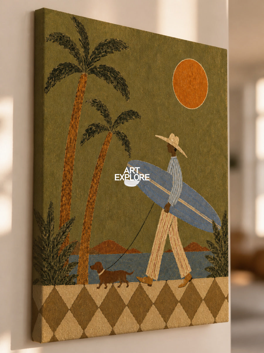 Green Folk Art Canvas Painting Retro Surfer Scene Handmade Decor