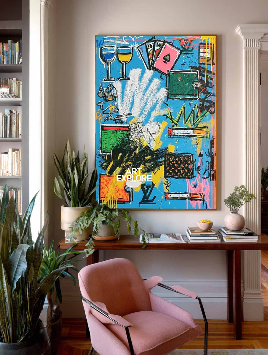 Original Graffiti Abstract Painting With Blue Background For Modern Urban Home Decor