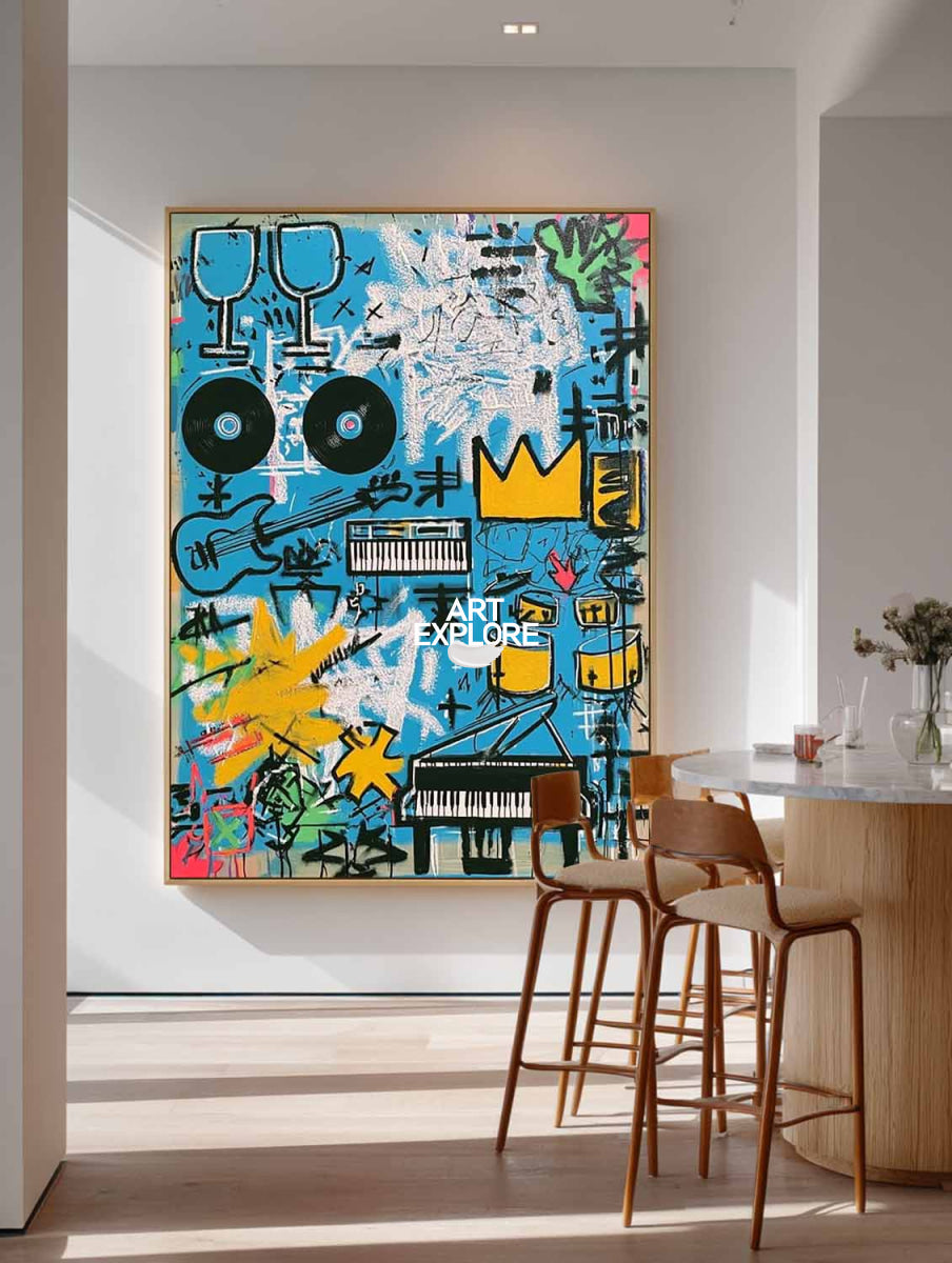 Abstract Graffiti Art Painting With Music Motifs In Blue For Modern Living Room Decor