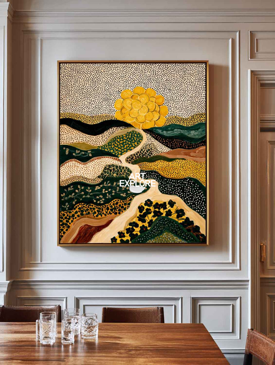 Abstract Landscape Painting Beige And Green With Golden Sun For Modern Living Room Decor