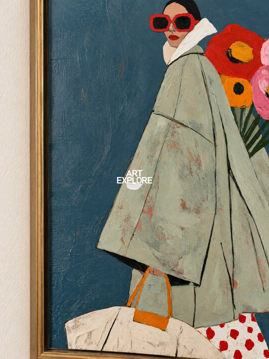 Pop Art Style Canvas Painting Abstract Woman In Green Coat Original Art