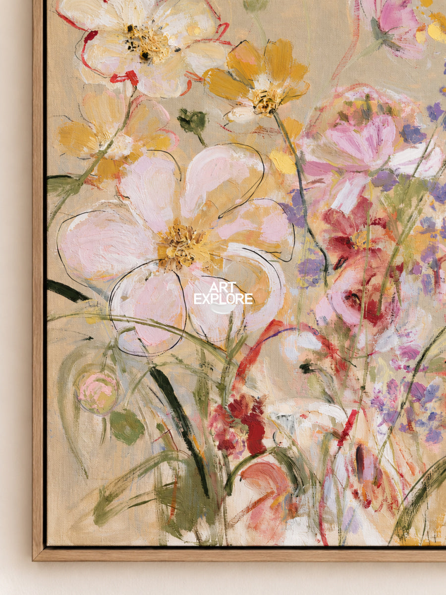 Abstract Floral Canvas Painting With Colorful Textured Flowers For Modern Wall Art