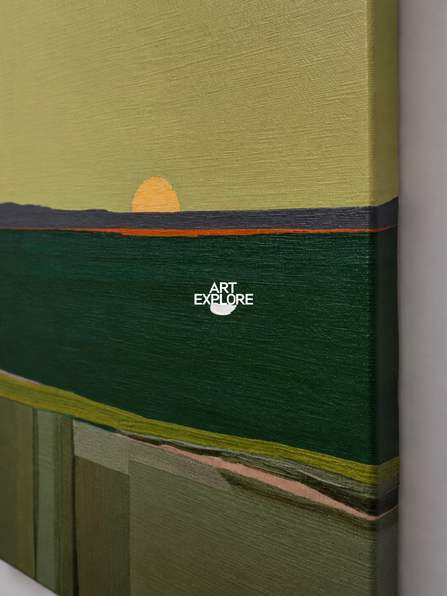 Minimalist Abstract Green Art With Geometric Forms And Sunset Glow Original Canvas