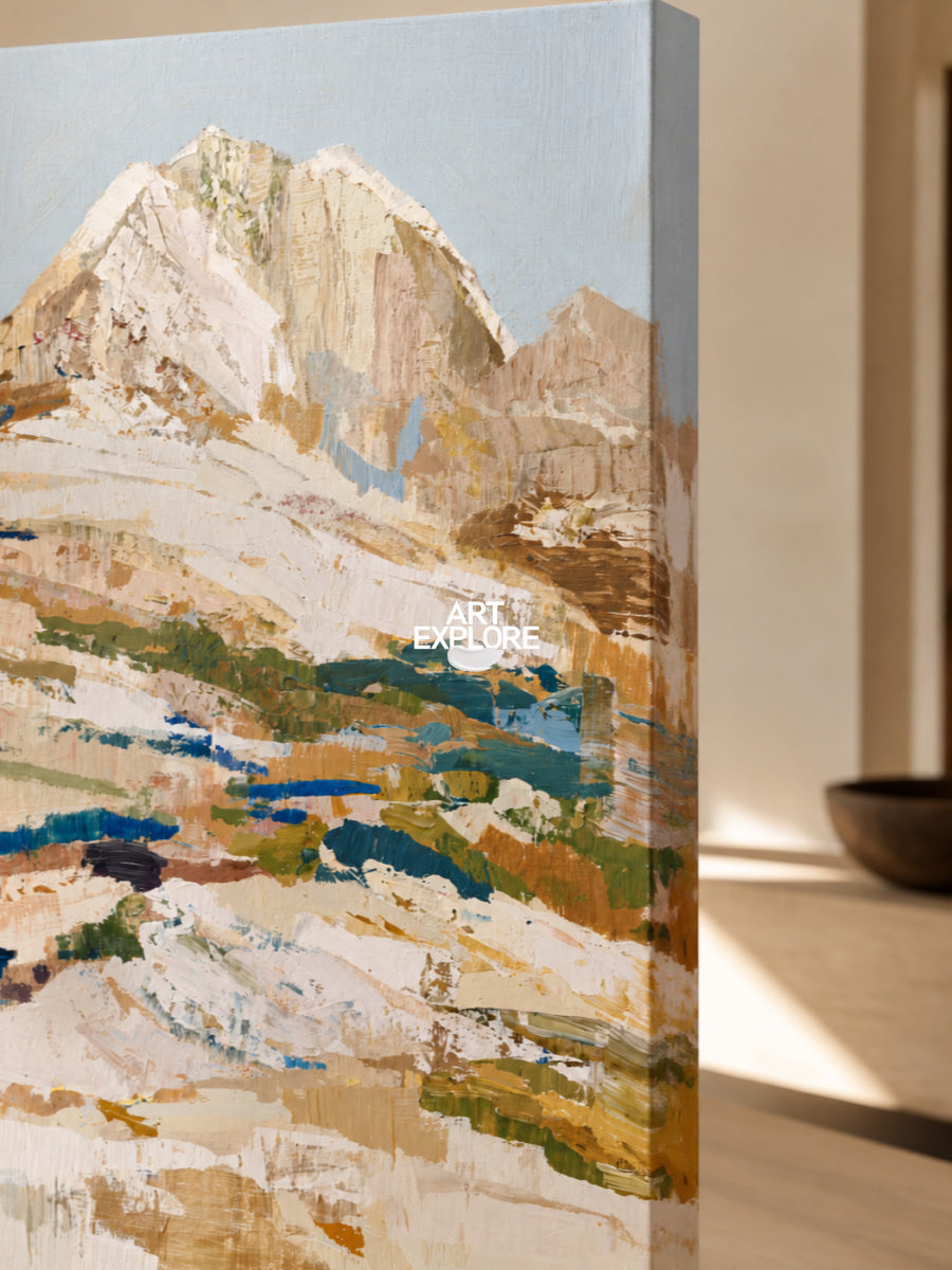 Abstract Mountain Landscape Canvas Painting In Blue And Brown Tones