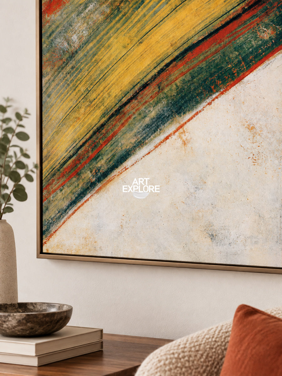 Abstract Yellow Green Canvas Painting With Red Lines For Modern Wall Art