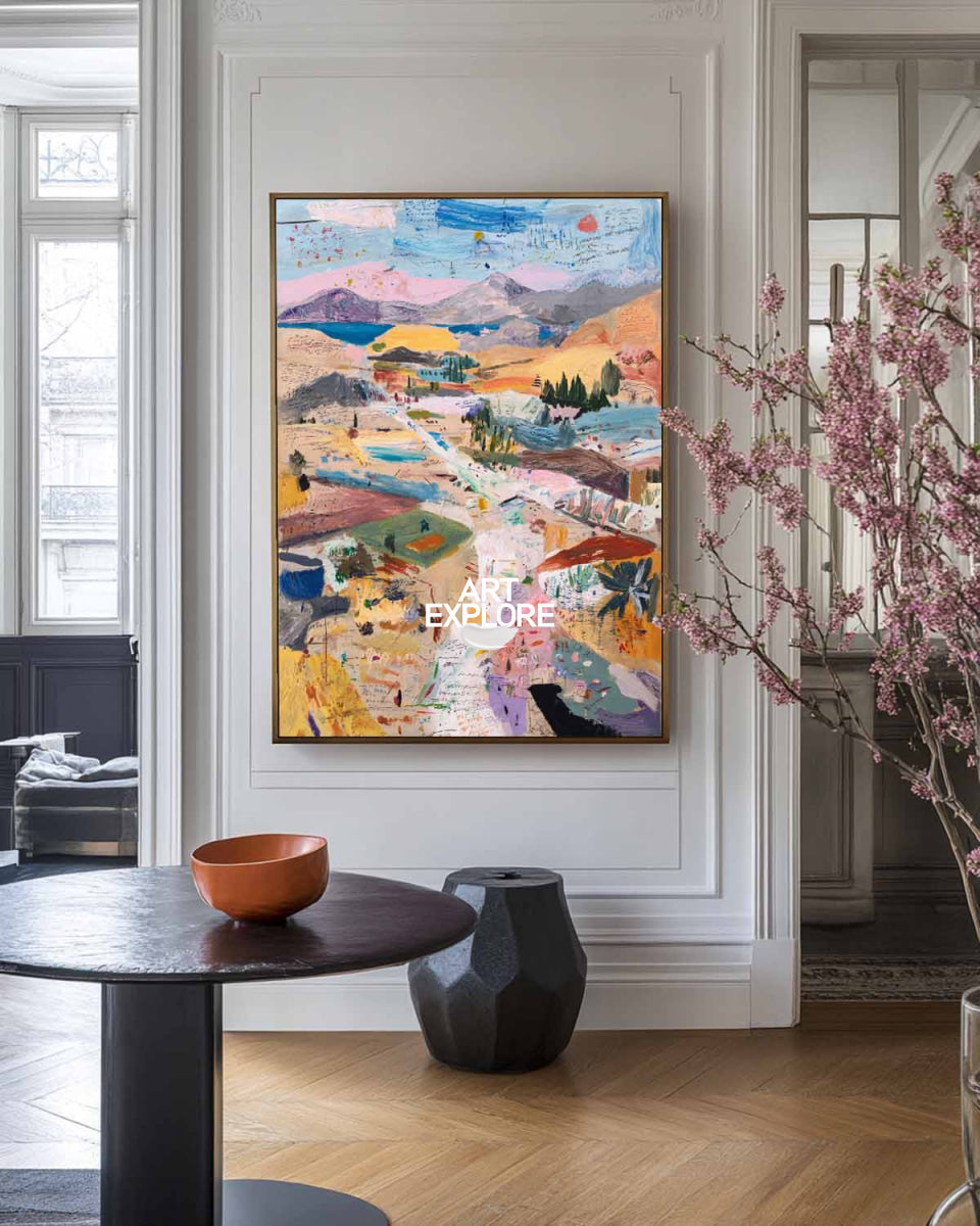 Abstract Pink Blue Landscape Painting Original Art For Modern Living Room Decor