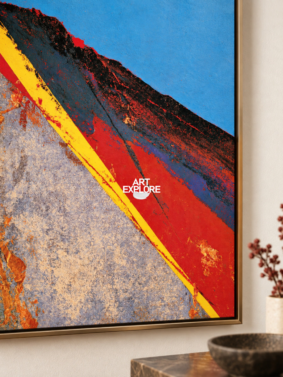 Abstract Red And Blue Landscape Canvas Painting With Yellow Line