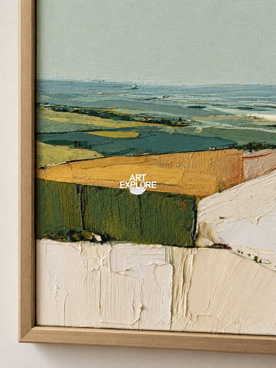 Abstract Green Landscape Canvas Painting With Textured Hills For Modern Walls