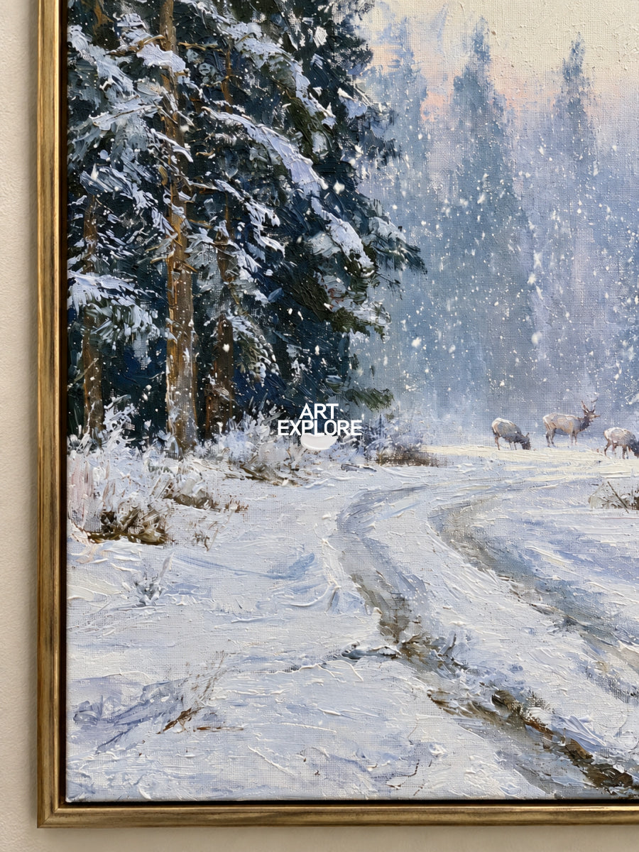 Hand-Painted Deer And Elk In Snowy Forest Canvas Painting