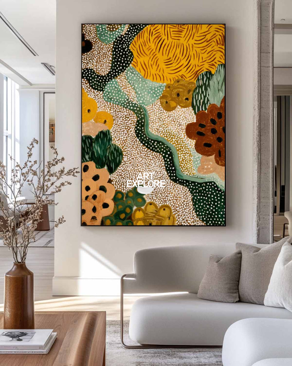 Hand Painted Folk Abstract Art With Green And Yellow Tones For Modern Living Room Decor