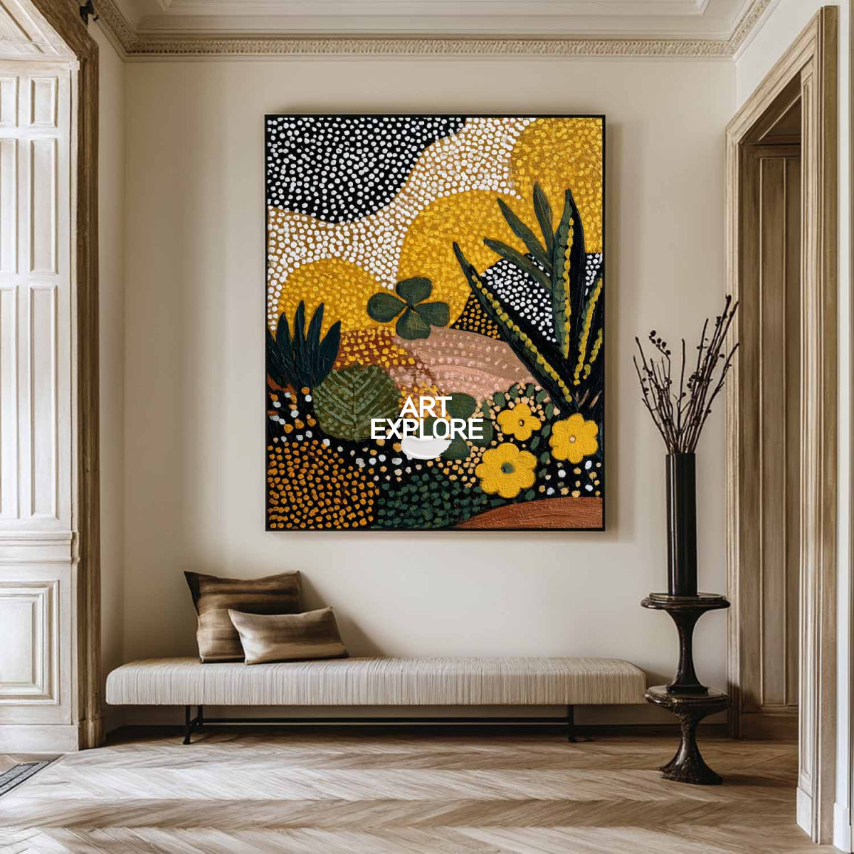 Abstract Botanical Painting Green Gold Modern Art For Living Room Decor