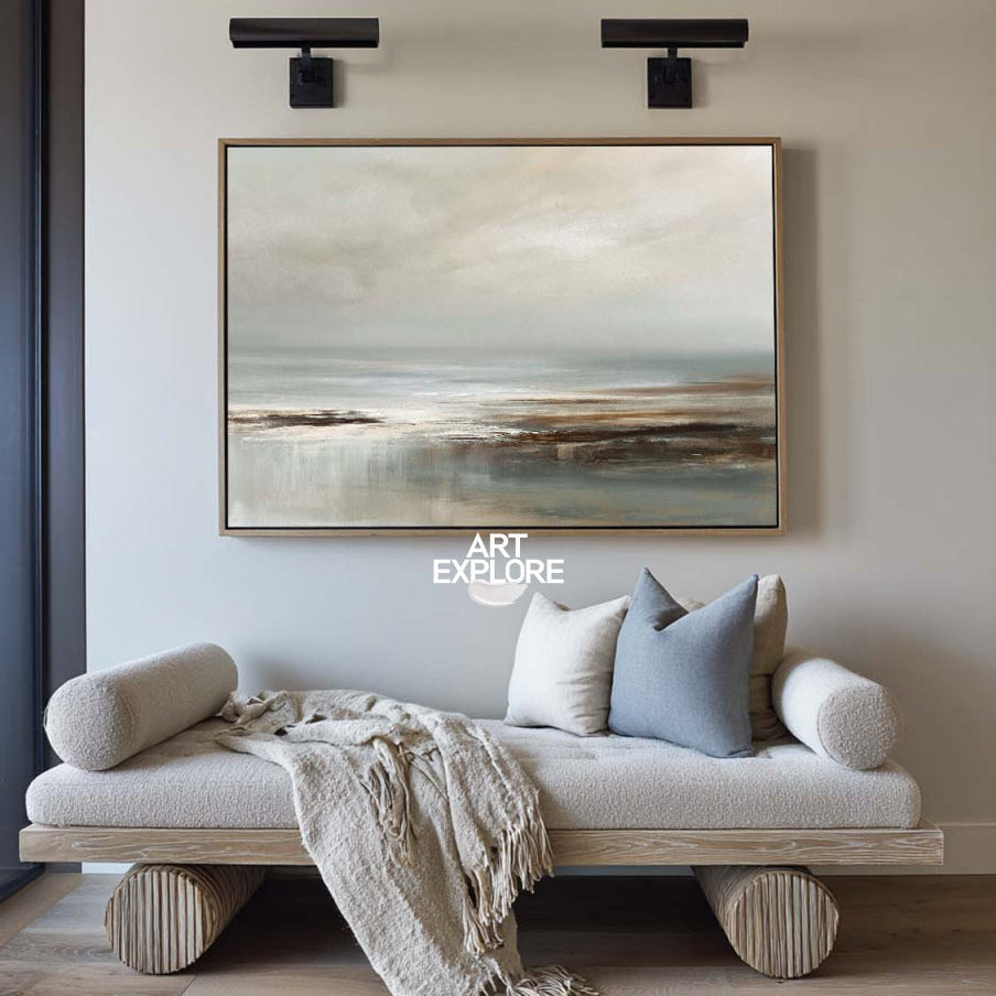 Wabi Sabi Coastal Landscape Painting In Grey And Beige For Modern Living Room Decor