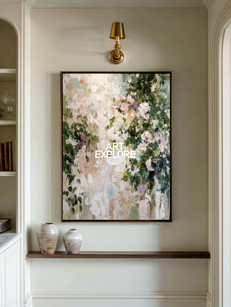 Cloud Dancer White & Pink Rose Painting Large Vertical Wall Decor