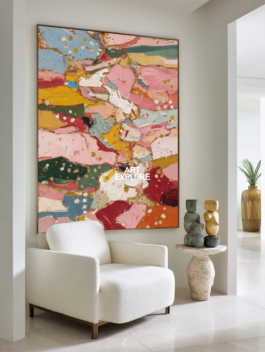 Hand Painted Abstract Textured Art With Pink And Teal For Modern Living Room Decor