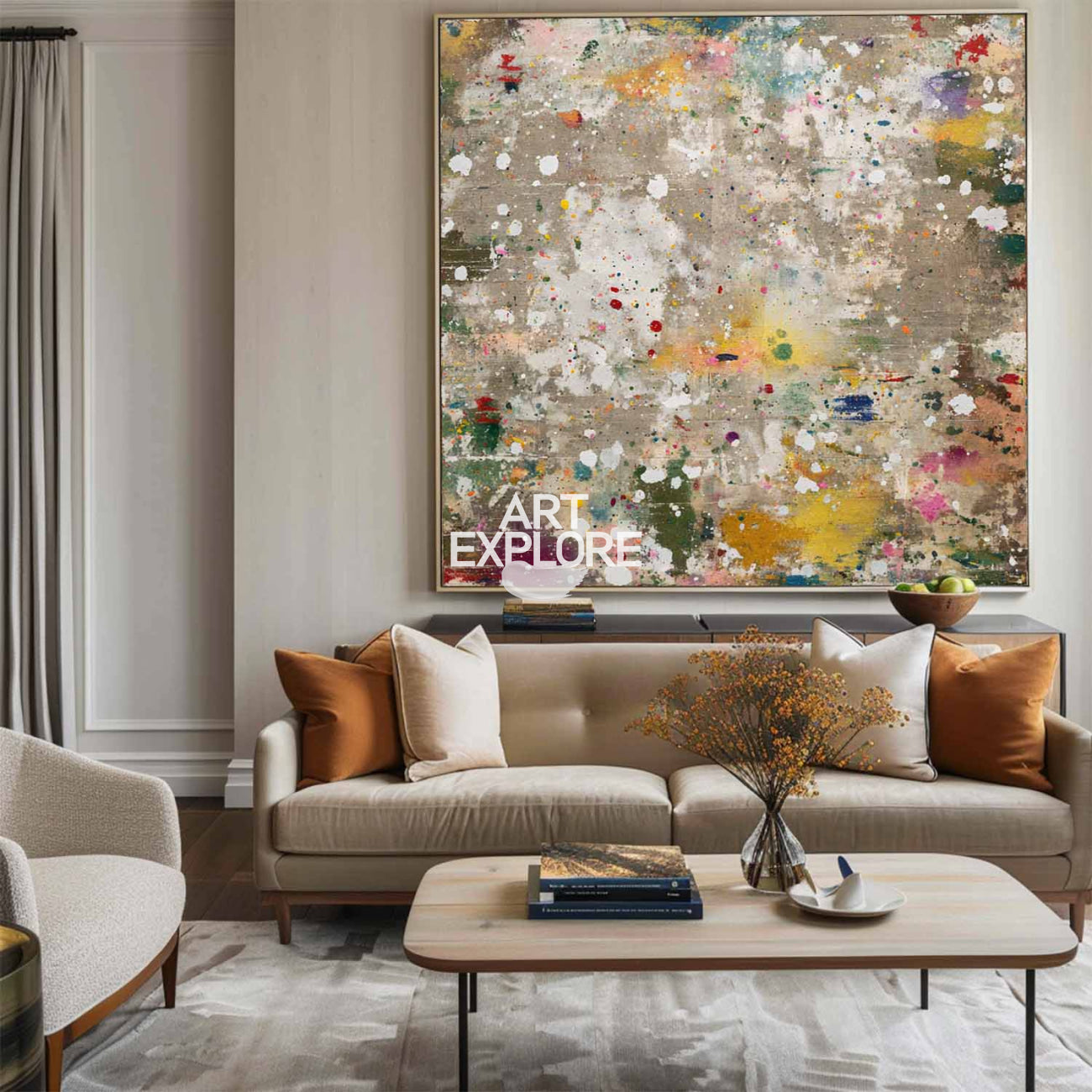 Large Square Abstract Painting, Beige & Brown Color Splash Canvas for Interiors – ArtExplore