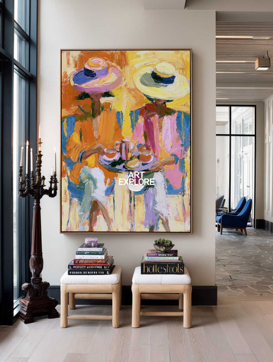 Colorful Women At Tea Time Hand-Painted Canvas Art Modern Expressive Painting
