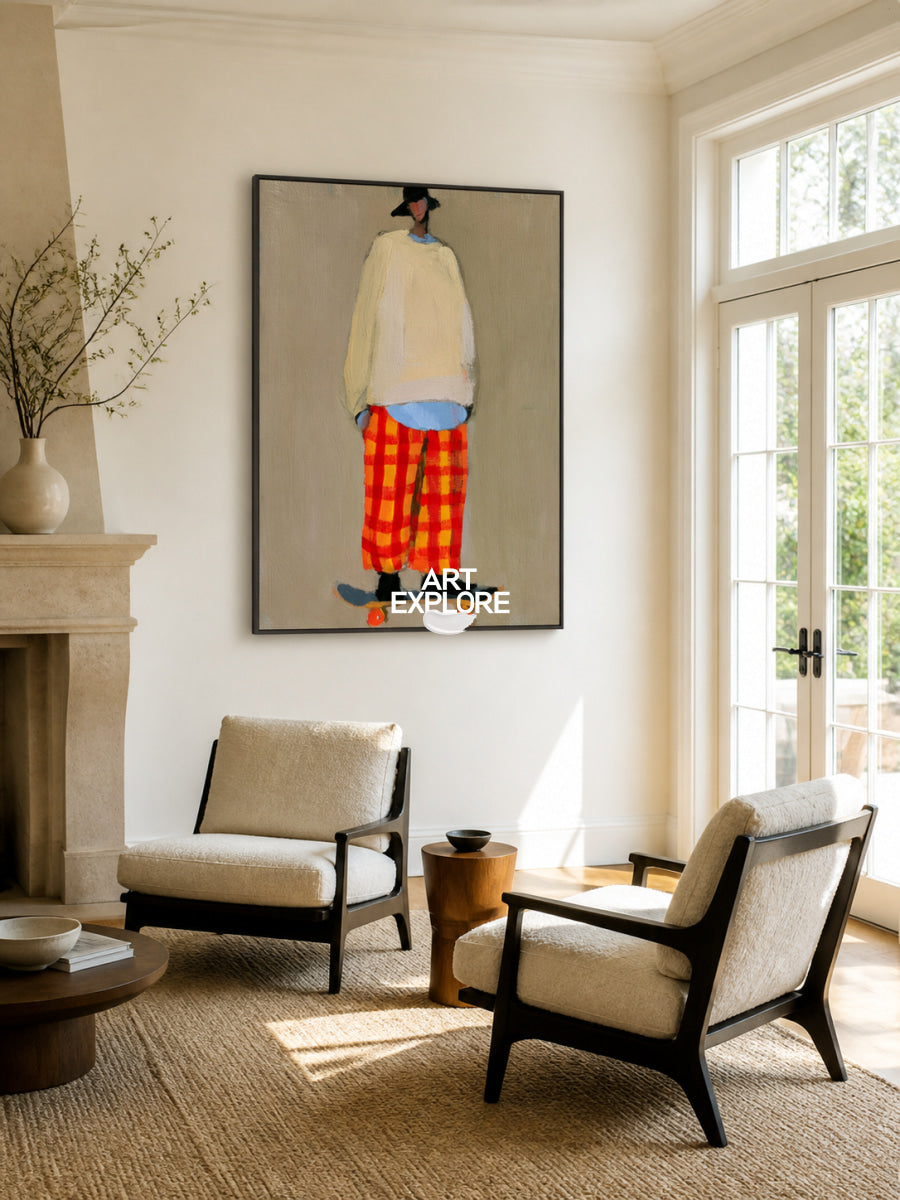 Vibrant Orange Plaid Figure Painting With Skateboard For Contemporary Interior