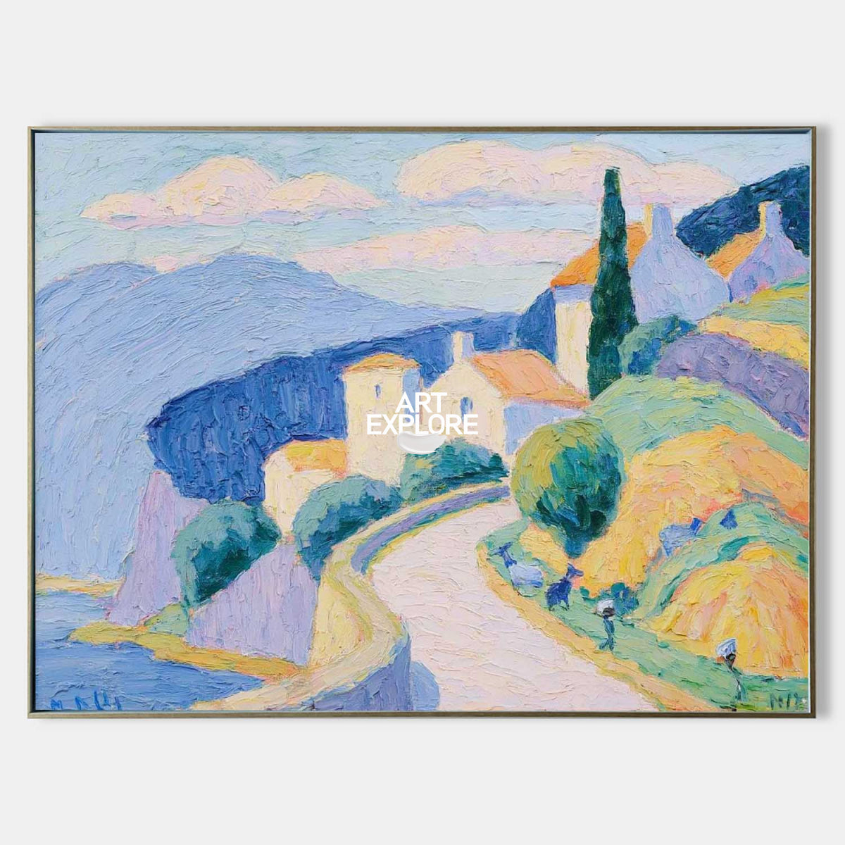 Hand-Painted Seaside Village Landscape Canvas Art With Blue Sky