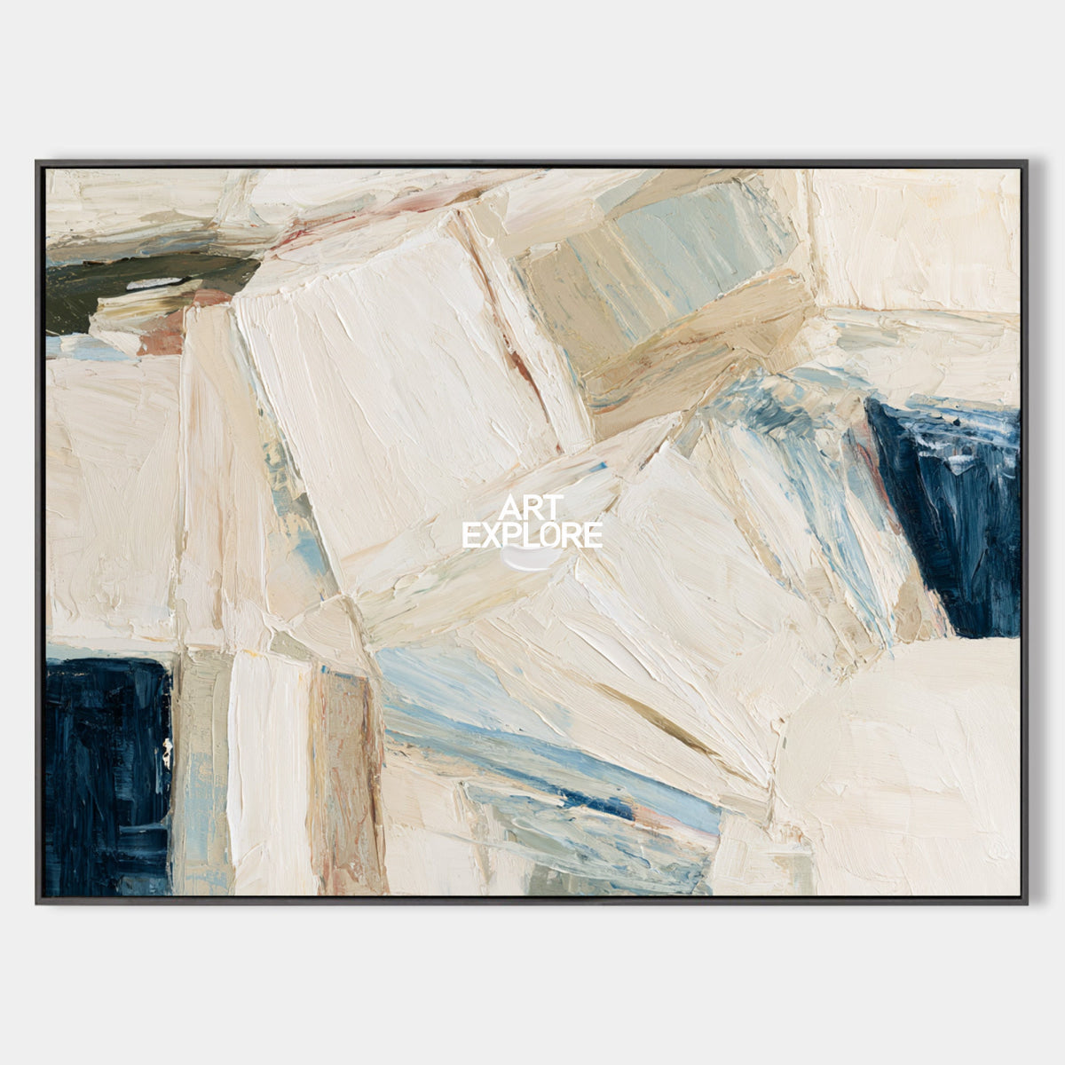 Abstract Beige And Blue Canvas Painting With Textured Impasto Strokes