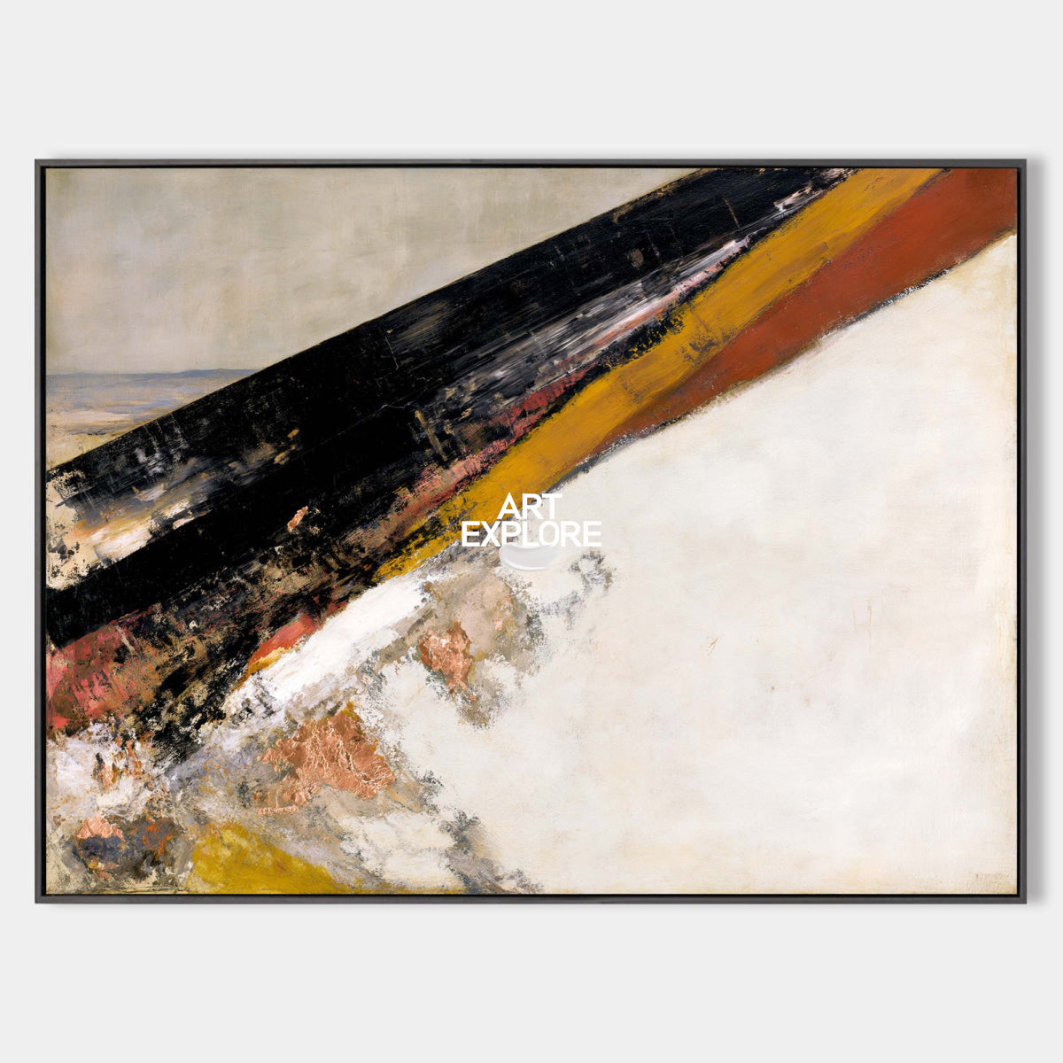 Abstract Black And Beige Canvas Painting With Gold Accents For Modern Walls