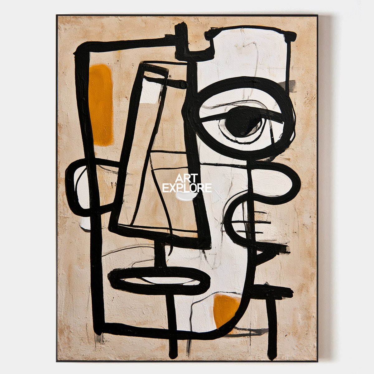 Abstract Eye Canvas Painting Minimalist Black Beige Line Art