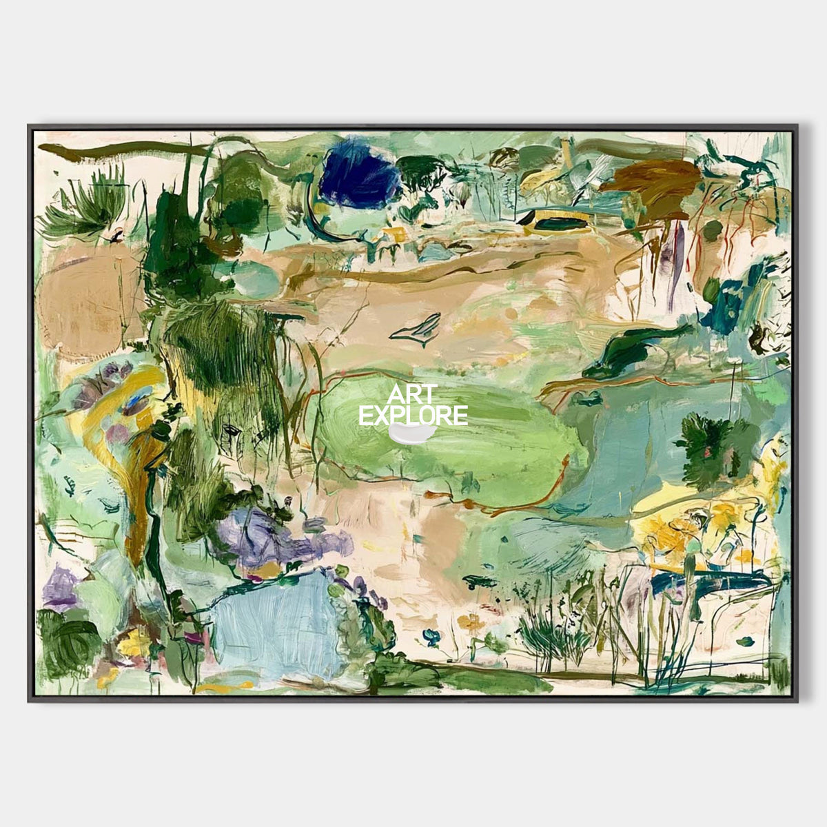 Abstract Green Landscape Hand-Painted Canvas Art With Blue Accents