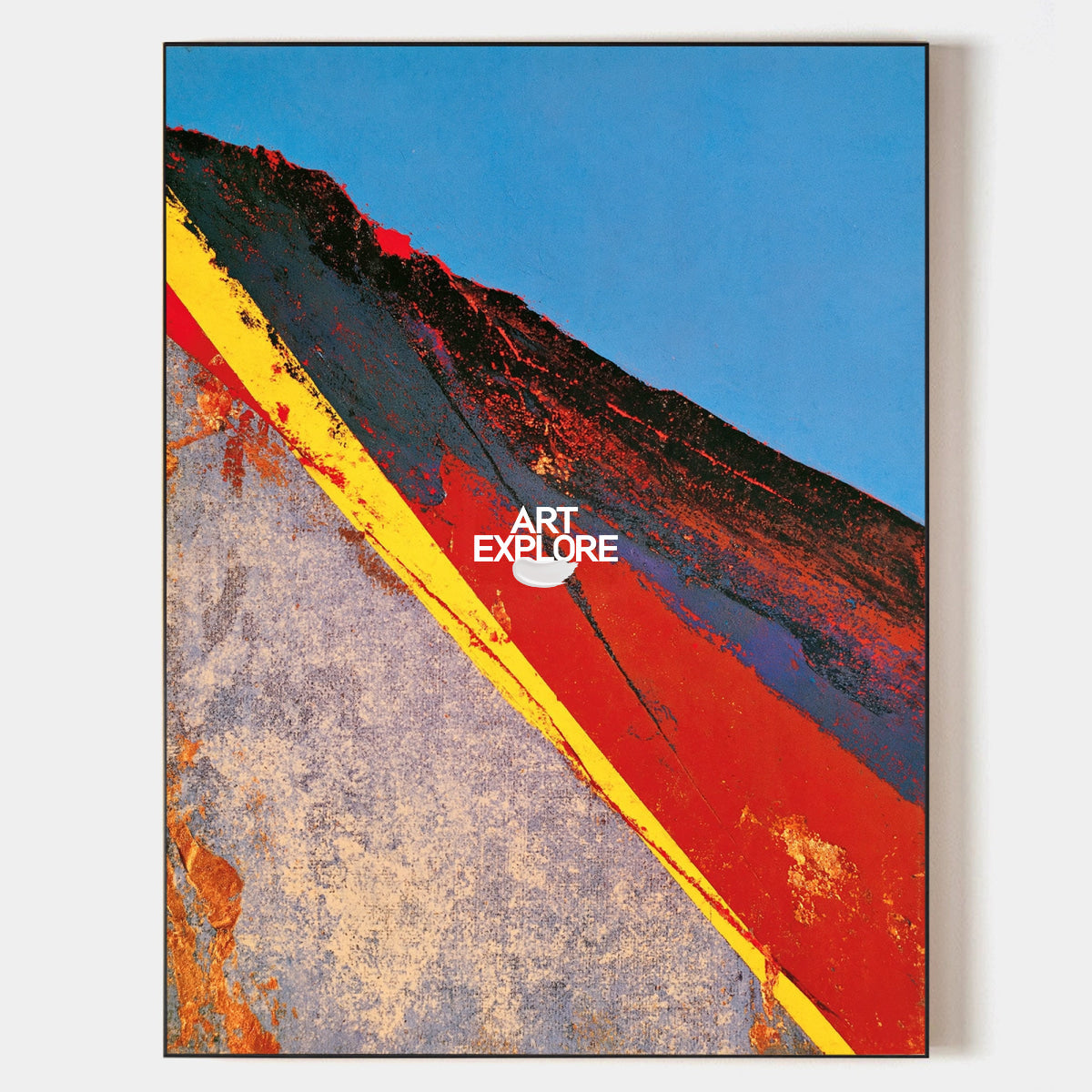 Abstract Red And Blue Landscape Canvas Painting With Yellow Line