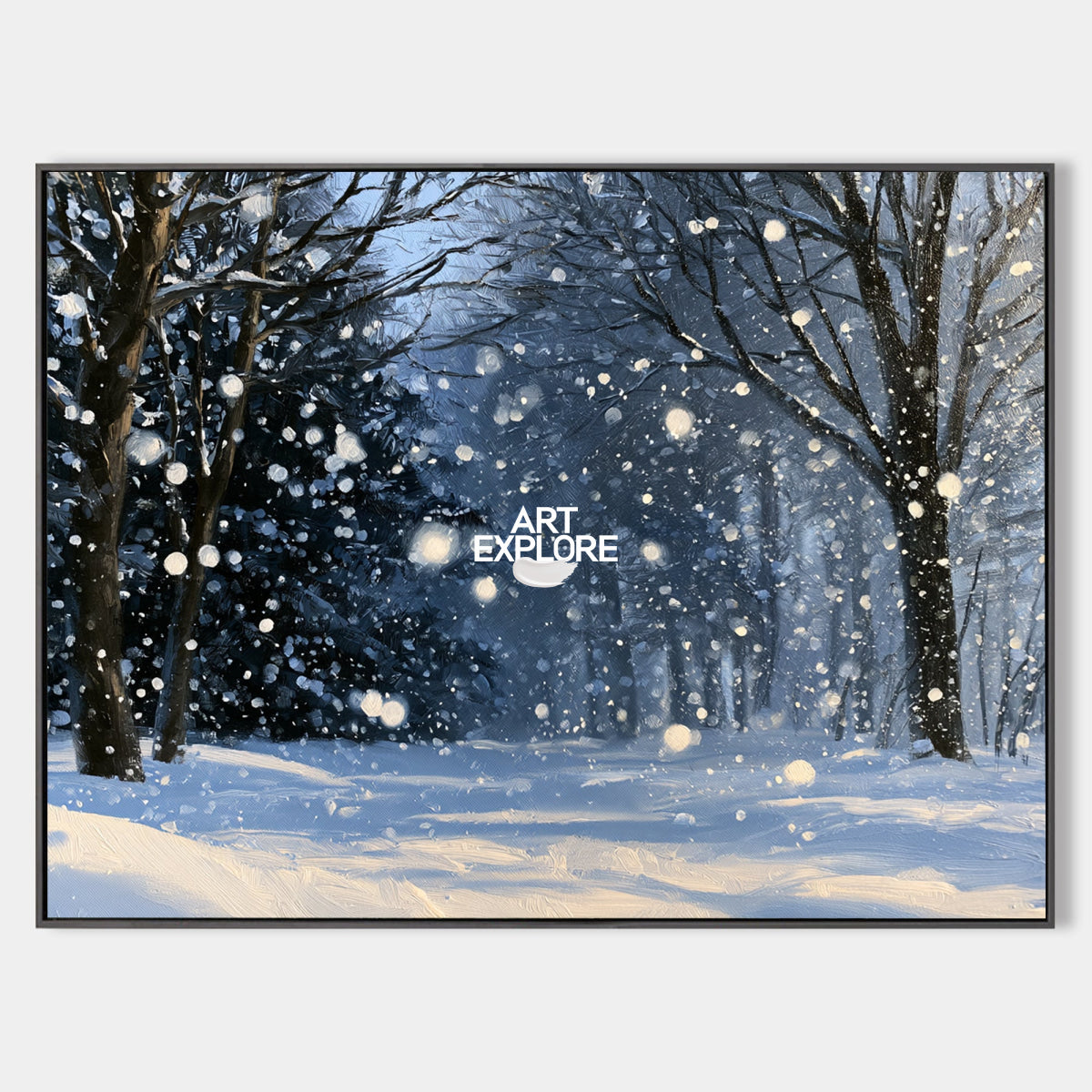Abstract Winter Forest Landscape Hand-Painted Canvas Art In Blue And White