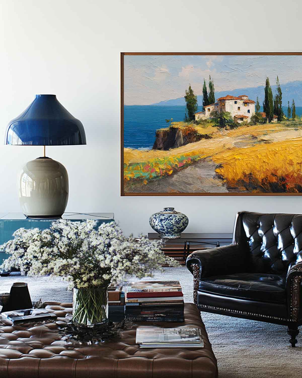 Contemporary Coastal Villa Artwork – Richly Textured Modern Landscape Canvas Ideal for Large Spaces