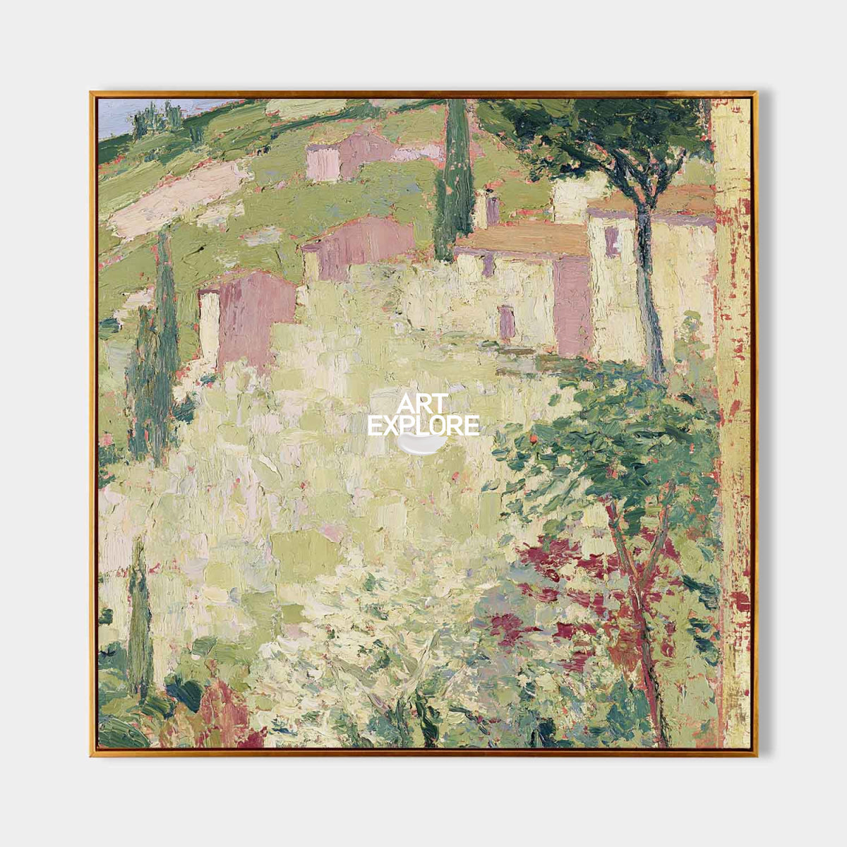 Hand-Painted Countryside Landscape Canvas Art With Green And Yellow Tones