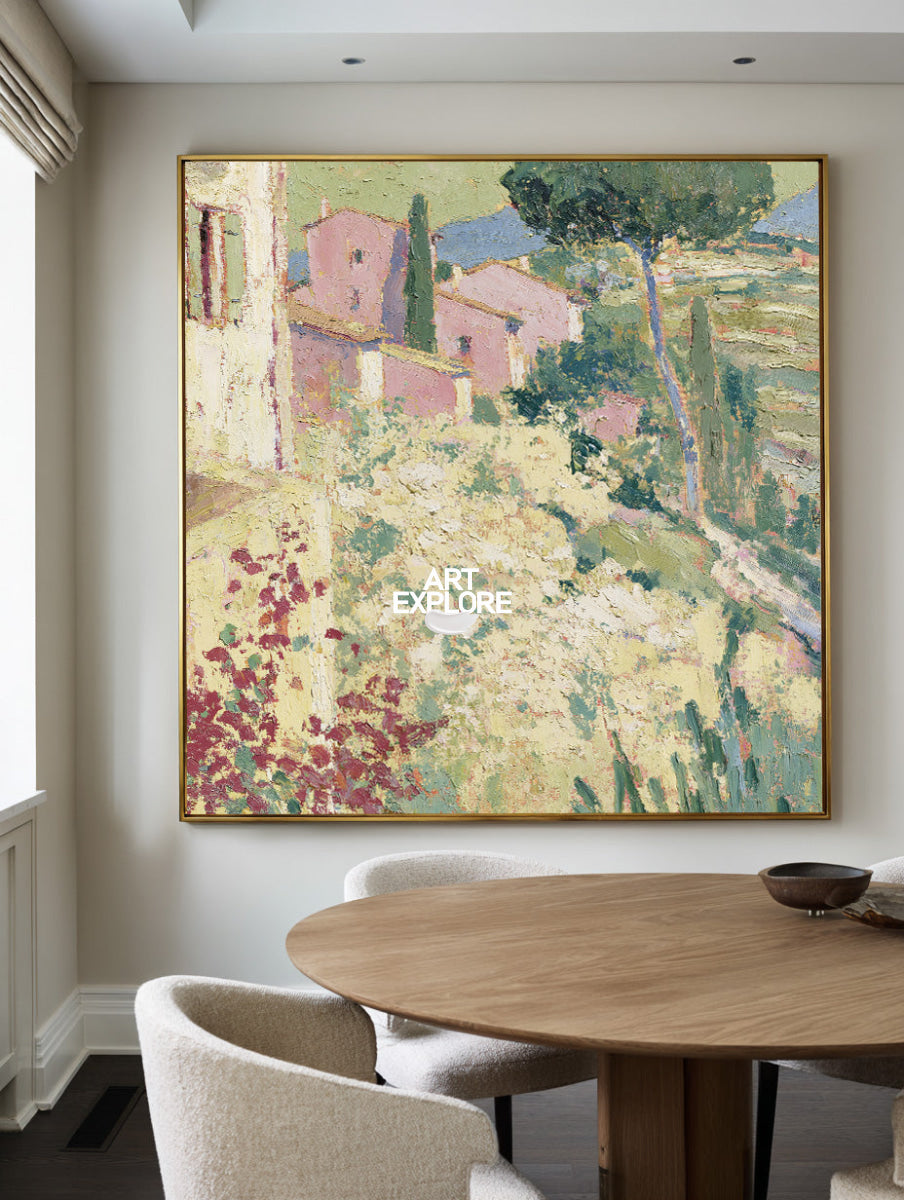 Hand-Painted Mediterranean Landscape Canvas Art With Green Hills And Yellow Sunlight