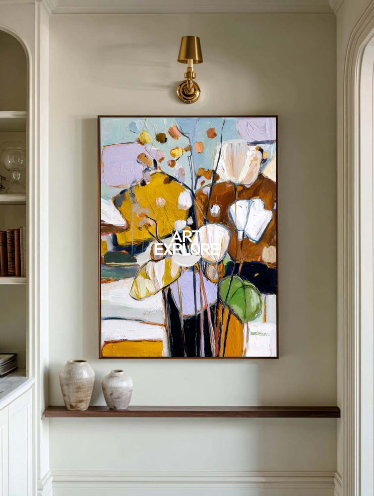 Contemporary Ochre & Lilac Floral Art Large Ready to Hang Canvas